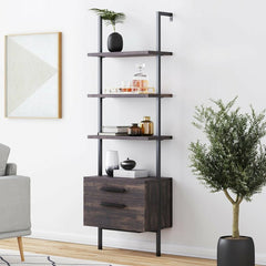 Steel Ladder Bookcase Perfect Place for Books, Plants, Bar Essentials, or Anything you Want to Display Two Drawers Provide Space