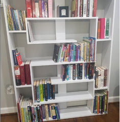 White Geometric Bookcase Perfect for Display Framed Photos, Potted Plants  Eight Tiers of Different Height Space Saving