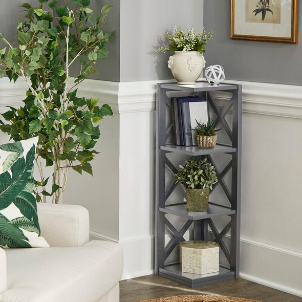 Frost Gray Solid Wood Corner Bookcase Perfect for Corner Space, X-shaped Three Open Shelves Fit for Any Room