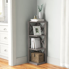 Frost Gray Solid Wood Corner Bookcase Perfect for Corner Space, X-shaped Three Open Shelves Fit for Any Room