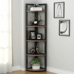 Gray/Brown 59'' H x 11.8'' W Iron Corner Bookcase Shelving Unit Fits Great in any Corner Storage Shelf to Expand the Storage Space Your Room