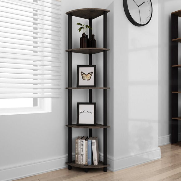 Dark Dusty Oak Plastic Corner Bookcase Five Shelves, Keep Your Favorite Reads on Hand or Display Framed Family Photos