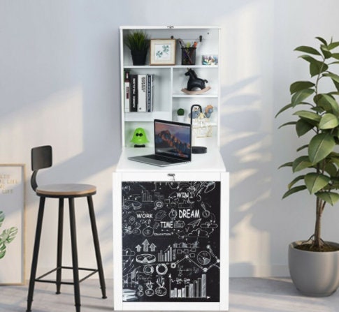 Convertible Wall Mounted Table with A Chalkboard Wall Mounted and Foldable Design Space-Saving Multifunctional Use and Large Storage Space