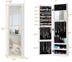 Wall Door Mounted Mirrored Jewelry Cabinet Storage Organizer 6 Lined Shelve for Holding Earrings. 25 Hooks for Hanging Necklace and Bracelet