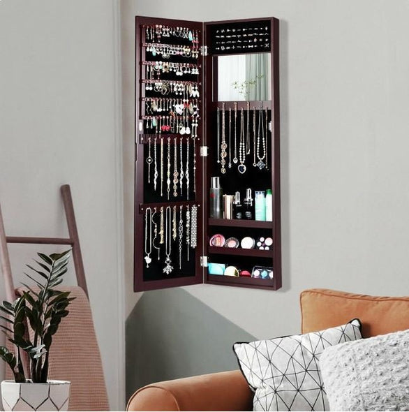 Wall Door Mounted Mirrored Jewelry Cabinet Organizer 6 Lined Shelves Designed for Holding Earrings, 25 Hooks, 40 Ring Slots, 3 Shelves