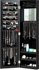 Wall Door Mounted Mirrored Jewelry Cabinet Organizer 6 Lines for Finger Earring, 1 make-up Mirror, 40 Ring Slots, 25 Hooks, 3 Storage Racks