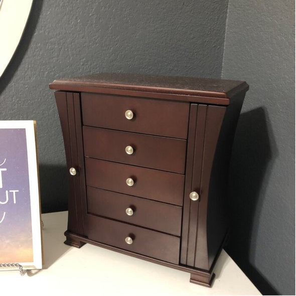 Rectangle Jewelry Box Two Shaped Swing-Out Doors with Necklace Hooks and Four Drawers. Try Setting it on Your Master Suite Dresser