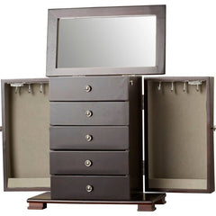 Rectangle Jewelry Box Two Shaped Swing-Out Doors with Necklace Hooks and Four Drawers. Try Setting it on Your Master Suite Dresser