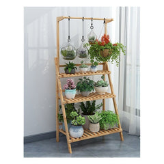 Bamboo Folding Flower Display Rack Ladder Plant Stand Natural  Bamboo, Garden Stand is Moth-Resistant ,Durable. Ladder Design, 3-tier Shelf