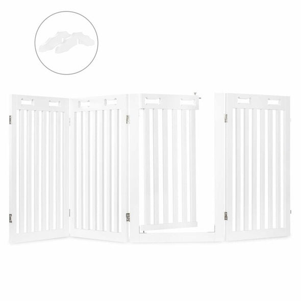 Wood Free Standing Dog Gate 4 Foldable Gate Panels, Including 1 Door Gate, 2 Support Feet, 2 Connecting Rods