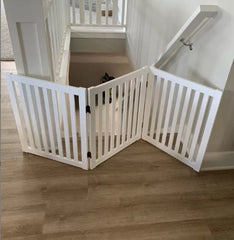 White Wooden Freestanding Pet Gate Foldable Perfect for Use in Front of Stairs, Kitchens, Balconies, Bathrooms, Bedrooms, Entrances, Hallway