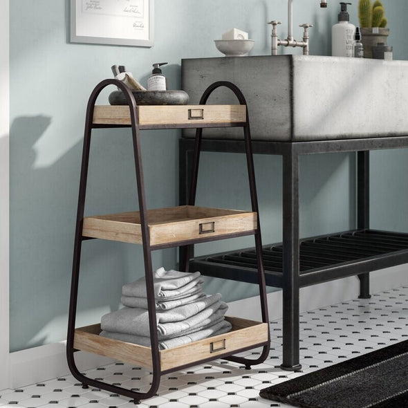 Free-Standing Bathroom Shelves Open Iron Frame and Fir Wood Shelves in a Rustic Brown Three Tiers with Raised Sides