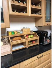 Double Layer Large Bread Box for Kitchen Counter, Wooden Large Capacity Bread Storage Bin Natural Bamboo