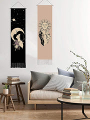 2 Pack Bohemian Sun & Moon Tapestry Wall Hanging Aesthethic Vertical Decor w/ Fringe 13x53