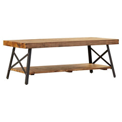 Natural Pine Brown Coffee Table with Storage Solid Pine Planked top Solid Steel with Angled Legs, Cross-Bracing