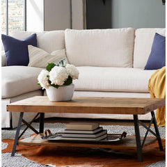 Natural Pine Brown Coffee Table with Storage Solid Pine Planked top Solid Steel with Angled Legs, Cross-Bracing