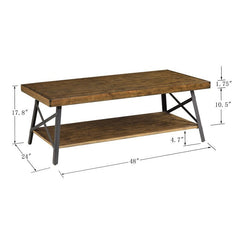 Natural Pine Brown Coffee Table with Storage Solid Pine Planked top Solid Steel with Angled Legs, Cross-Bracing