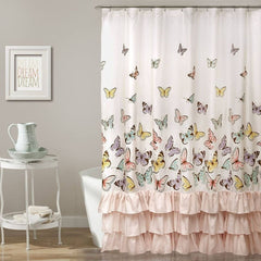 Lush Decor, Pink Flutter Butterfly Shower Curtain | Textured Ruffle Print Fabric Bathroom 72x72in