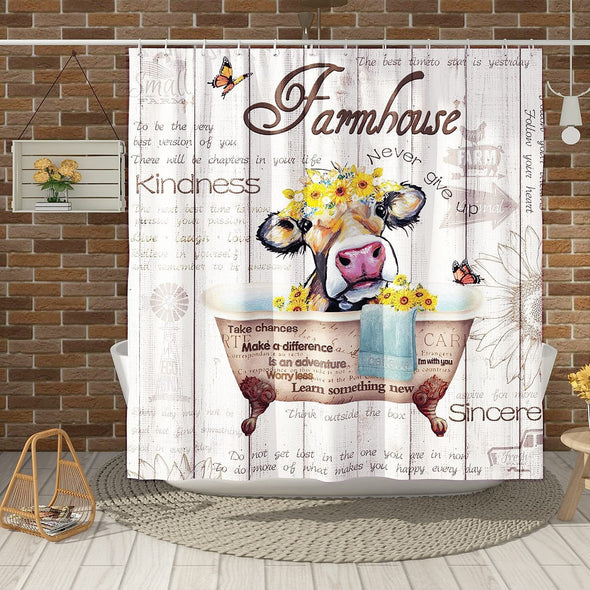 Cow Shower Curtain Farmhouse Wood Rustic Shower Curtains for Bathroom Polyester 72x72 Inch Machine Wash