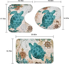 Sea Turtle Shower Curtain Sets with Non-Slip Rugs, Toilet Lid Cover and Bath Mat, Nautical Ocean Shower Curtains with 12 Hook s, Durable Wat