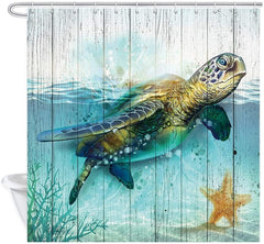 Sea Turtle Shower Curtain for Bathroom, Underwater World Ocean Animal Sea Tortoises Coral and Aquatic Plant on Rustic Wooden Boards Bath Cur