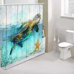 Sea Turtle Shower Curtain for Bathroom, Underwater World Ocean Animal Sea Tortoises Coral and Aquatic Plant on Rustic Wooden Boards Bath Cur