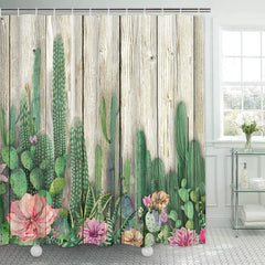 Cactus Shower Curtain Wooden Blossom Plant Flower Bathroom Shower With 12 Hooks 70"x69"