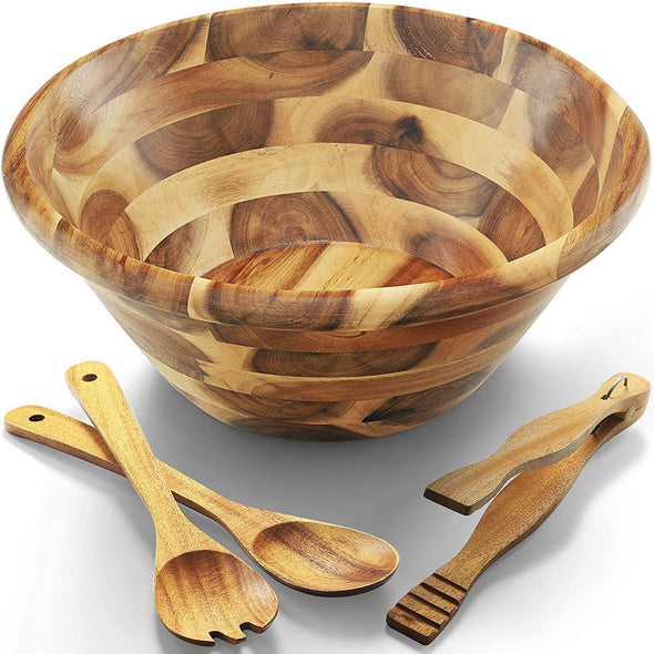 Acacia Wooden Salad Bowl Set Hardwood with Big Salad Bowls 4-Piece Set Perfect for Fruits or Salads  Safe For Serving Food