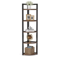 Rustic Brown Steel Corner Rustic Corner Storage Rack Plant Stands Small Bookshelf for Living Room, Home Office, Kitchen, Small Space