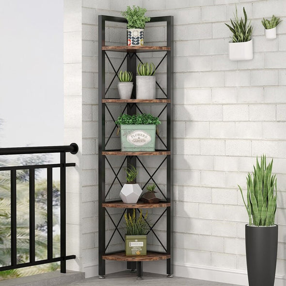 5 Shelf Bookcases Black Steel Corner Bookcase Corner Shelf, Rustic corner Bookshelf Small Bookcase Corner Storage Rack Plant Stand