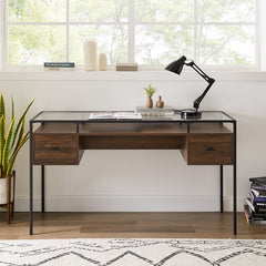 Dark Walnut Glass Desk Space for Important Documents and Sophisticated Office Supplies Contemporary Writing Desk