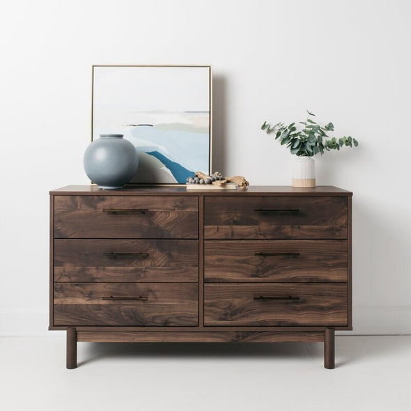 6 Drawer Double Dresser Keeps your Home Decor Grounded While Elevating your Modern Style Walnut Wood Grain and Burnished Goldtone Handles