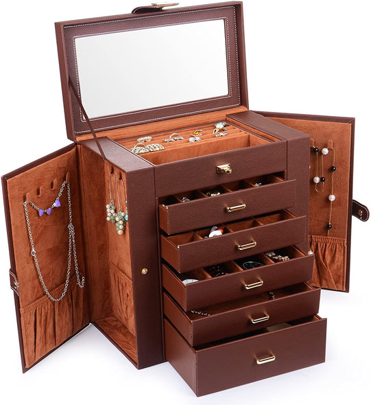 Leather Jewelry Box Case Storage Brown 5 Removable Drawers For Maximum Jewelry Storage. The Deeper Bottom Drawer Has Only One Compartment