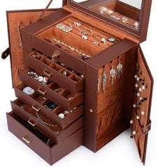 Leather Jewelry Box Case Storage Brown 5 Removable Drawers For Maximum Jewelry Storage. The Deeper Bottom Drawer Has Only One Compartment