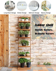 6-Tier Ladder Shelf-Plant Stand Storage Organizer，Bookcase Display Shelf，Standing Wooden Shelves for Living Room, Home Office, Rustic Brown