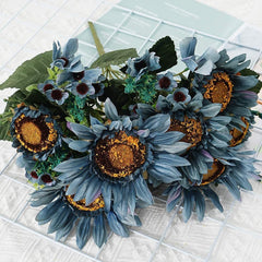 Beferr Artificial Sunflower Bouquet Fake Silk Sunflower Flower for Garden Art Home Table Party Wedding Decor (Blue)