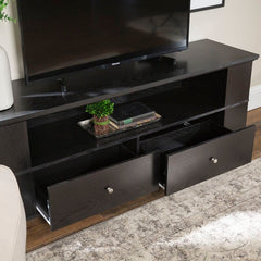 Black TV Stand for TVs up to 65" Boasting Both Style and Storage Space Also Space for all your DVDs and Players Thanks To Two Open Shelves