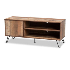 TV Stand for TVs up to 50" Additional Storage Space is Found Behind One Door. Black Metal Hairpin Legs Add A Cool, Modern Feel