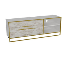 White TV Stand for TVs up to 70" Two Cabinet Doors Open with Elegant Metal Handles To Reveal An Interior Space with A Shelf for Storing DVDs