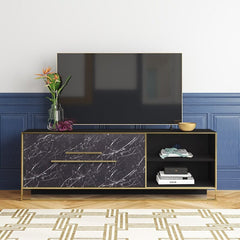 TV Stand for TVs up to 70" Two Cabinet Doors Open with Elegant Metal Handles To Reveal An Interior Space with A Shelf for Storing DVDs