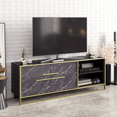 TV Stand for TVs up to 70" Two Cabinet Doors Open with Elegant Metal Handles To Reveal An Interior Space with A Shelf for Storing DVDs