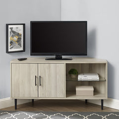 Birch Corner TV Stand Elevate your Living Room, Or Office with this Modern Corner TV Stand. The Two Doors and Sleek Tempered Safety Glass