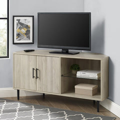 Birch Corner TV Stand Elevate your Living Room, Or Office with this Modern Corner TV Stand. The Two Doors and Sleek Tempered Safety Glass