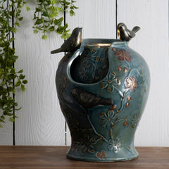 Laurelei Ceramic Verdigris Songbird Fountain Light These Songbirds Dance Along the Edge of The Light. A Rich Covered This Birdbath Style