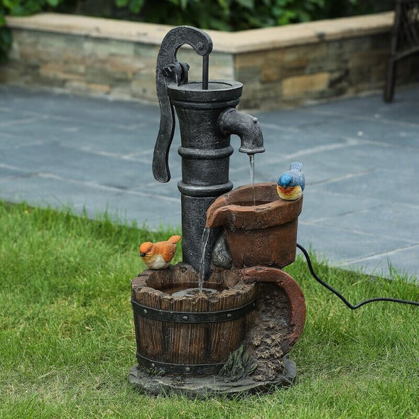 Resin Fountain Give your Garden or Patio a Whimsical Touch with the Rustic Water Pump, and Two Birds Perched, Outdoor Polyresin Fountain