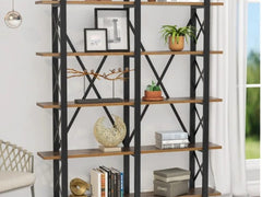 Double Wide 5-Shelf Bookshelf, Rustic Industrial Display Shelves Contemporary Design Meets Rustic Industrial Style - Brown