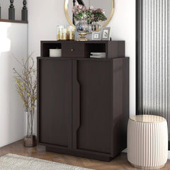 Contemporary Espresso 5-Shelf Shoe Cabinet Two Open Upper Shelves Provide Additional Storage for Jewelry Trays and Accessories