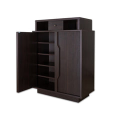 Contemporary Espresso 5-Shelf Shoe Cabinet Two Open Upper Shelves Provide Additional Storage for Jewelry Trays and Accessories