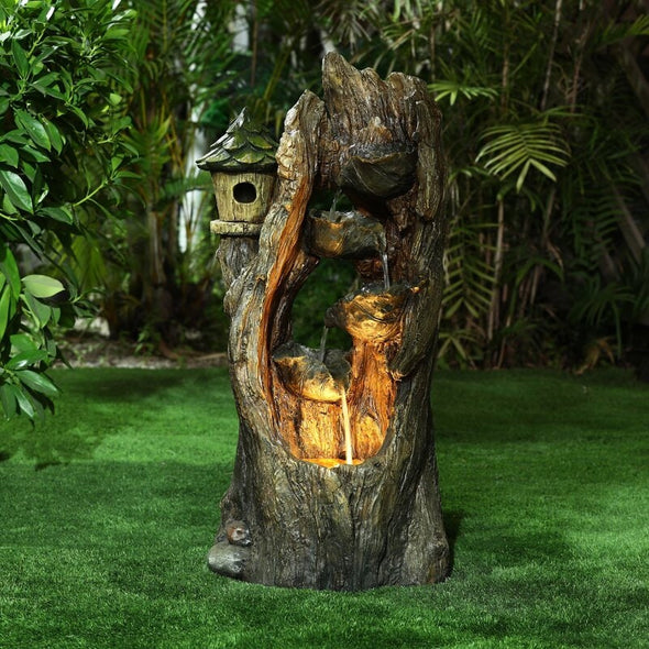 Resin Hollow Tree Fountain with LED Light Give your Garden Or Patio A Rustic Touch with this Birdhouse and Tree Stump Outdoor