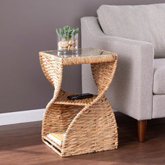 Glass Floor Shelf End Table Natural Fibers Craft A Unique, Twisted Base While Two Small Shelves Conveniently Hold Magazines Or The TV Remote